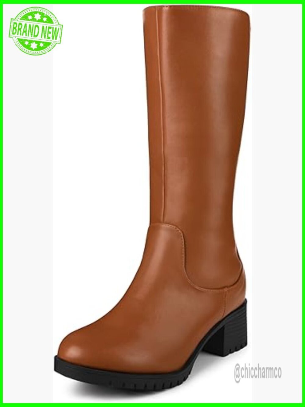Mid Calf Combat Boots Chunky Block Heel Round Toe Zip Closure Faux Leather